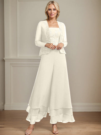 Separates Jumpsuit/Hosenanzug Quadratisches Knöchellanges Spitzenchiffonkleid für die Brautmutter mit Pailletten 