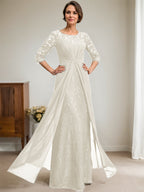 Vestido de gasa con encaje, ilusión, corte A, largo hasta el suelo, para madre de la novia, con volantes y cuentas