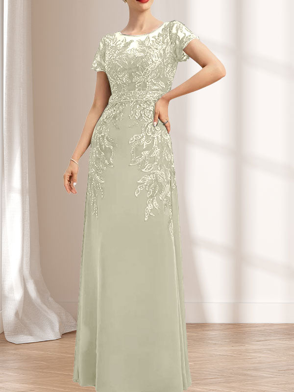 Vestido de madre de la novia de gasa con encaje, escote redondo, ilusión, largo hasta el suelo, con lentejuelas