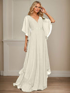 Vestido de gasa para madre de la novia, corte A, escote en V, largo hasta el suelo, con apliques de lentejuelas, encaje y abalorios