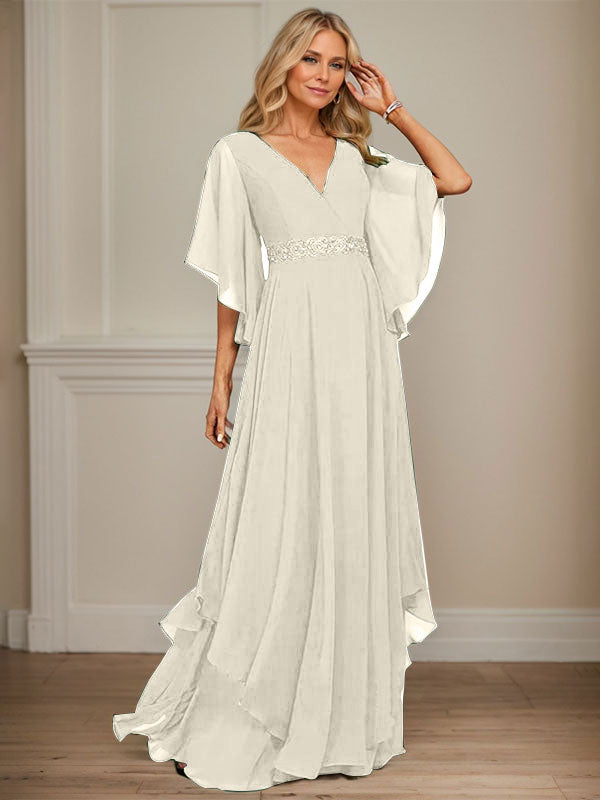 Vestido de gasa para madre de la novia, corte A, escote en V, largo hasta el suelo, con apliques de lentejuelas, encaje y abalorios