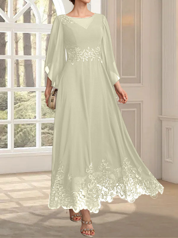 Vestido de gasa con encaje y lentejuelas para madre de la novia, corte A, escote ilusión, largo hasta los tobillos