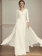 A-Linie V-Ausschnitt Bodenlanges Spitzen-Chiffon-Kleid für die Brautmutter mit Pailletten 