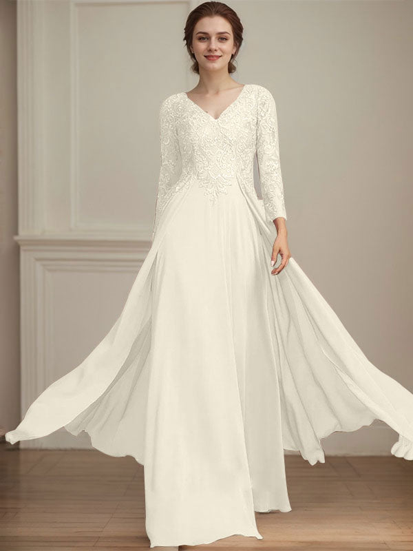 Vestido de madre de la novia de gasa con encaje, escote en V y lentejuelas, largo hasta el suelo