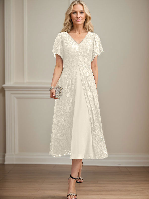 Vestido de gasa con encaje y escote en V para madre de la novia, largo hasta la rodilla
