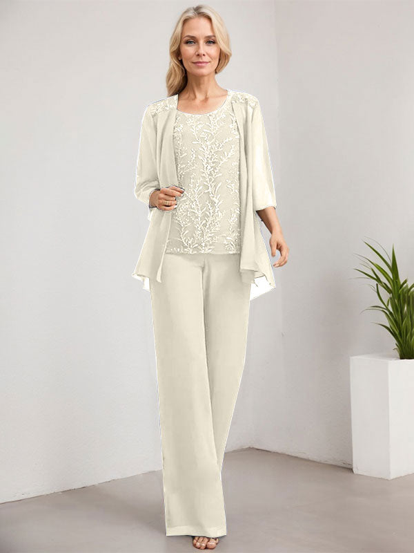 Vestido de madre de la novia de gasa con encaje, largo hasta el suelo, con lentejuelas y mono/pantalón separado