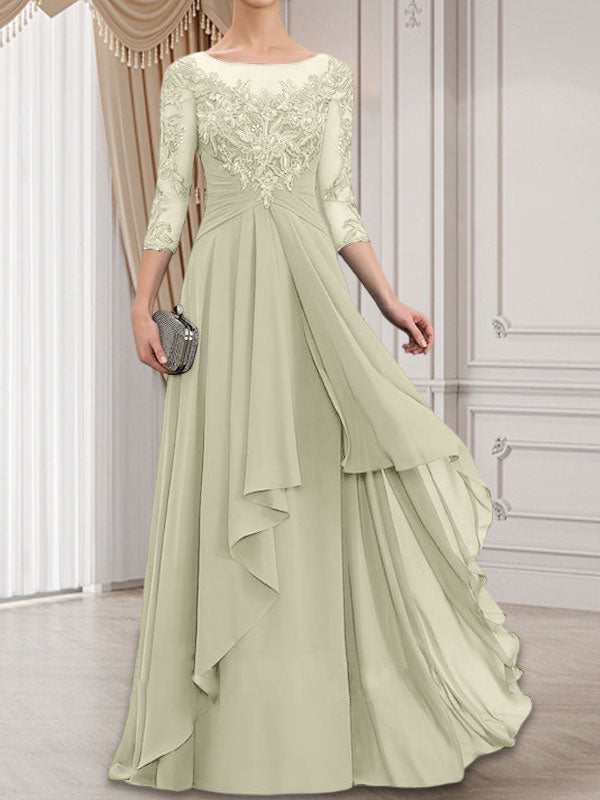A-line Scoop Illusion Floor-Length Lace Chiffon Mother of the Bride Dress With Cascading Ruffles