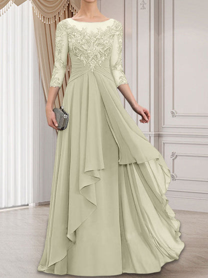 A-line Scoop Illusion Floor-Length Lace Chiffon Mother of the Bride Dress With Cascading Ruffles