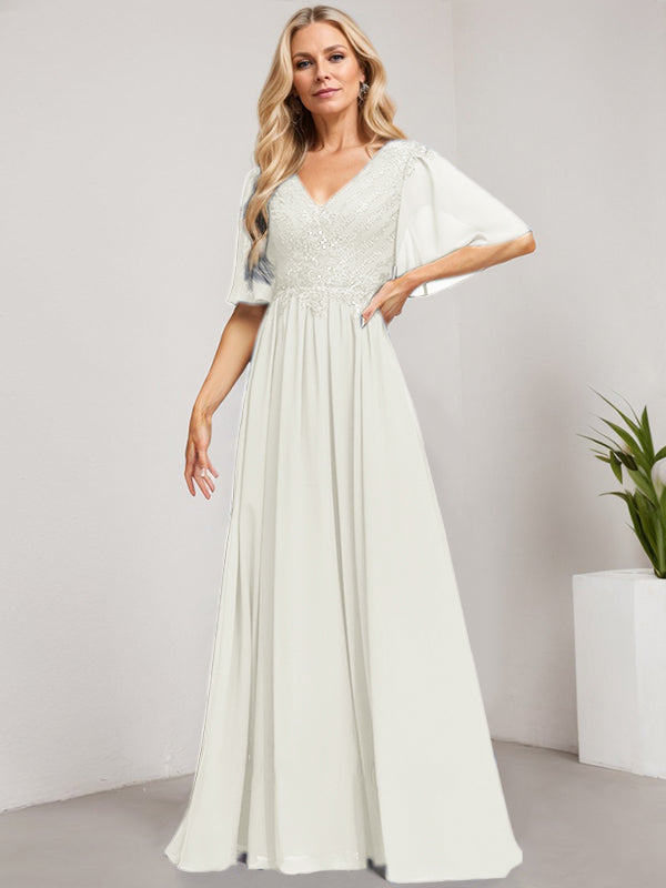 Vestido de madre de la novia de gasa con encaje, escote en V y lentejuelas, largo hasta el suelo