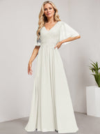 Vestido de madre de la novia de gasa con encaje, escote en V y lentejuelas, largo hasta el suelo