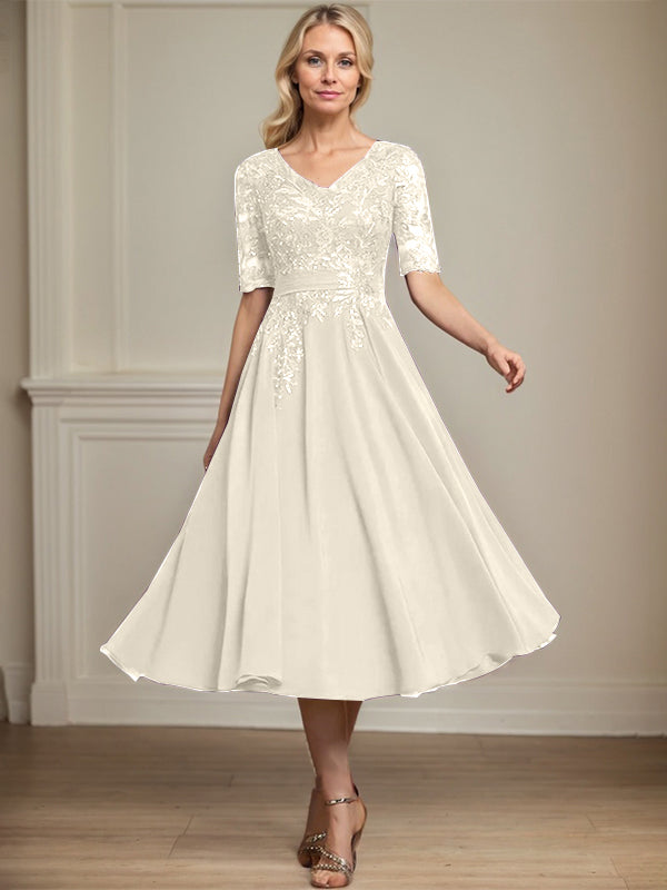 Vestido de gasa con encaje y lentejuelas para madre de la novia, corte A, escote en V y largo hasta la rodilla