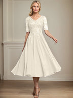 Vestido de gasa con encaje y lentejuelas para madre de la novia, corte A, escote en V y largo hasta la rodilla