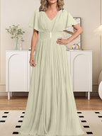 Vestido de gasa para madre de la novia, corte A, escote en V, largo hasta el suelo, con broche de cristal y plisado
