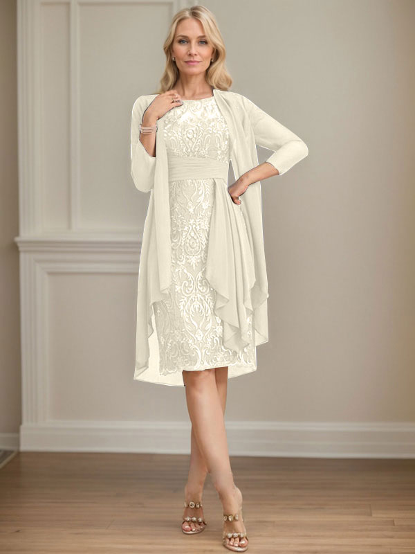 Vestido de madre de la novia de gasa con encaje, escote redondo, ilusión, largo hasta la rodilla, con volantes en cascada y lentejuelas