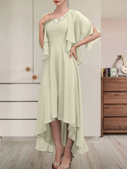 A-Linien-Kleid mit V-Ausschnitt, asymmetrischem Chiffon für die Brautmutter mit Perlen und Pailletten
