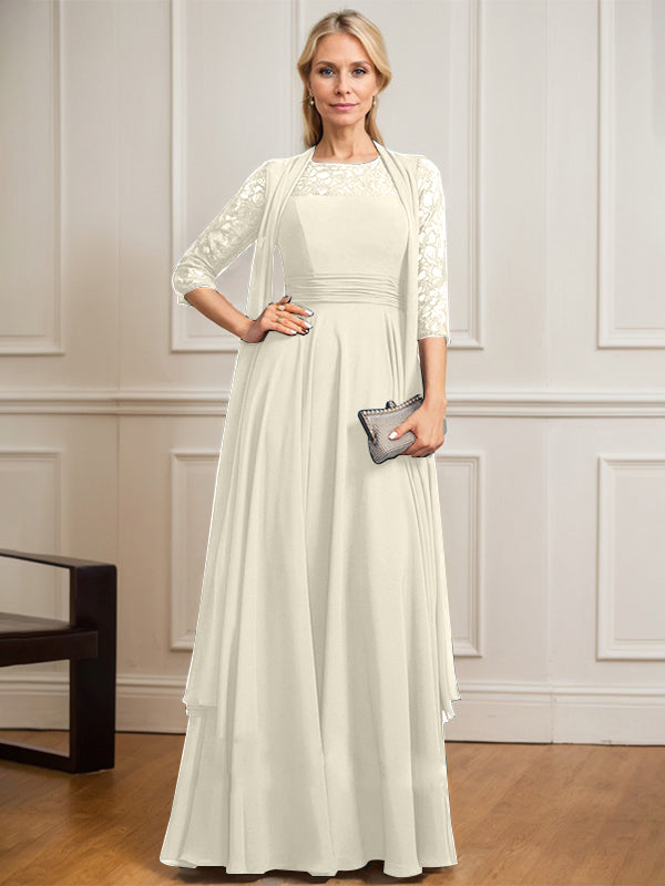 Vestido de gasa de encaje con ilusión de corte A hasta el suelo para madre de la novia con pliegues