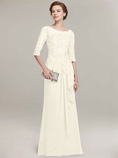 Vestido de gasa con encaje, corte A, escote ilusión, largo hasta el suelo, para madre de la novia con volantes en cascada