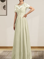 Vestido de gasa con encaje y lentejuelas para madre de la novia, largo hasta el suelo, con escote en A y ilusión