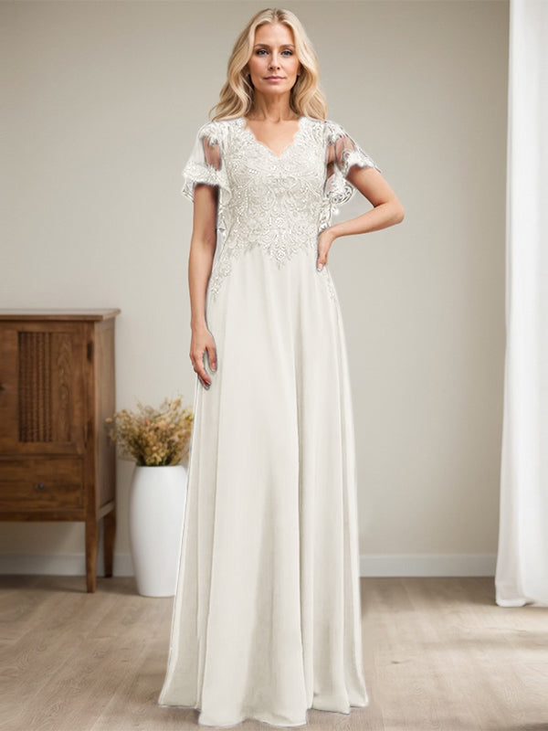 Vestido de madre de la novia de gasa con encaje, escote en V y lentejuelas, largo hasta el suelo
