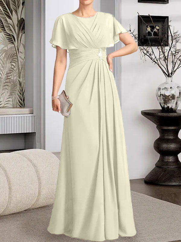 Vestido de gasa para madre de la novia con corte en A, escote redondo y largo hasta el suelo, con cuentas plisadas