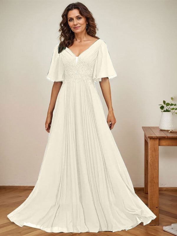 Vestido de gasa para madre de la novia, corte A, escote en V, largo hasta el suelo, con apliques de lentejuelas y encaje plisado