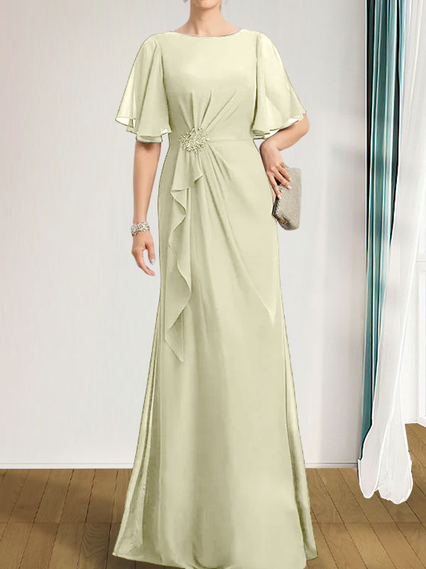 Vestido de gasa para madre de la novia, corte A, escote redondo, largo hasta el suelo, con volantes en cascada, cuentas y lentejuelas