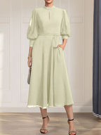 A-line High Neck Tea-Length Lace Chiffon Mother of the Bride Dress With Bow