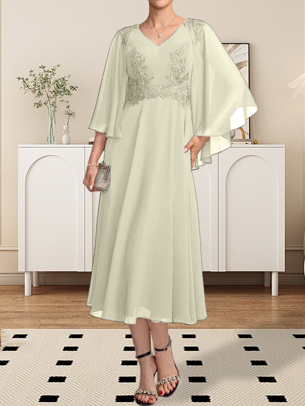 A-Linie V-Ausschnitt Wadenlanges Chiffon-Spitzenkleid für die Brautmutter mit Perlen und Pailletten
