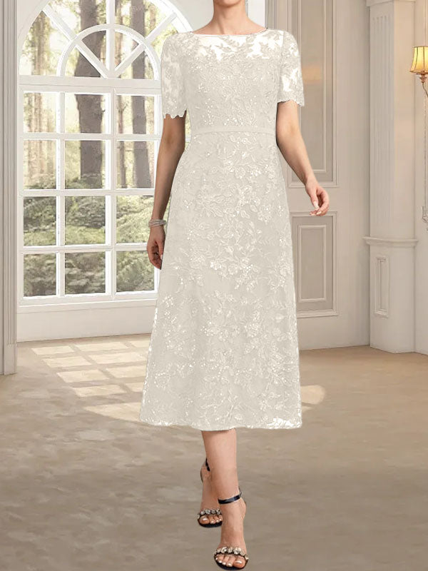 Vestido de madre de la novia de encaje con lentejuelas, corte A, escote ilusión y largo hasta la rodilla