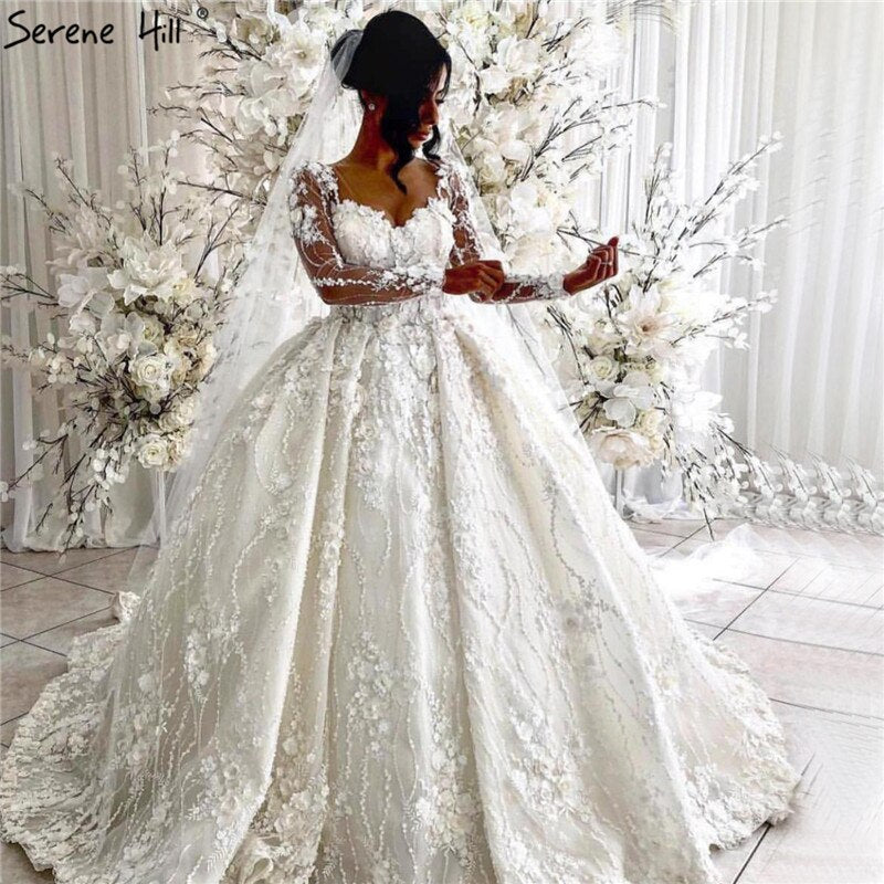 Vestidos de novia color marfil de manga larga con flores hechas a mano 2025 Dubai, cuello redondo, estilo princesa vintage, vestidos de novia HA2263, hechos a medida
