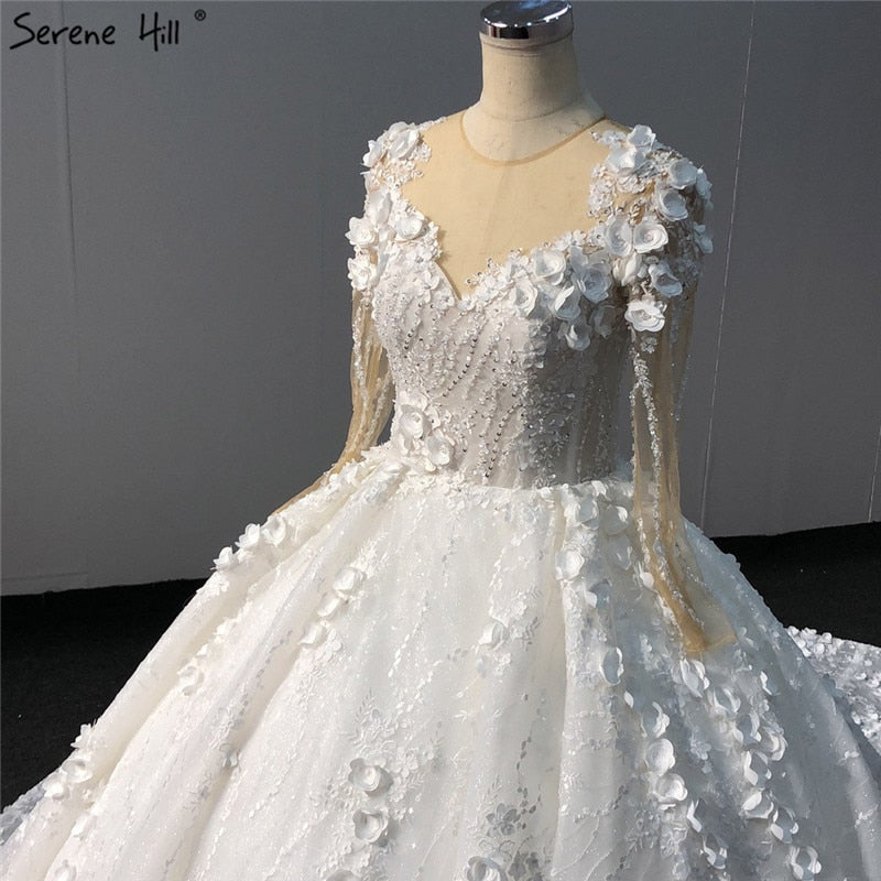 Elfenbein Langen Ärmeln Handgemachte Blumen Hochzeit Kleider 2025 Dubai O-ansatz Vintage Prinzessin Brautkleider HA2263 Nach Maß 
