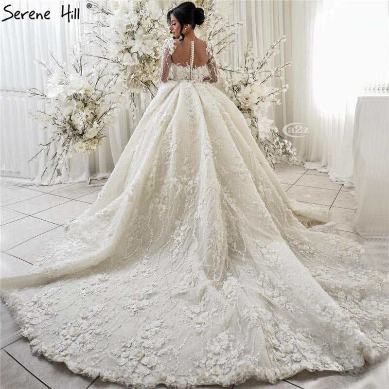 Vestidos de novia color marfil de manga larga con flores hechas a mano 2025 Dubai, cuello redondo, estilo princesa vintage, vestidos de novia HA2263, hechos a medida