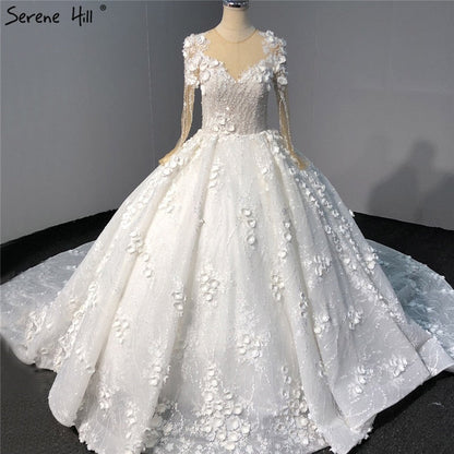 Elfenbein Langen Ärmeln Handgemachte Blumen Hochzeit Kleider 2025 Dubai O-ansatz Vintage Prinzessin Brautkleider HA2263 Nach Maß 