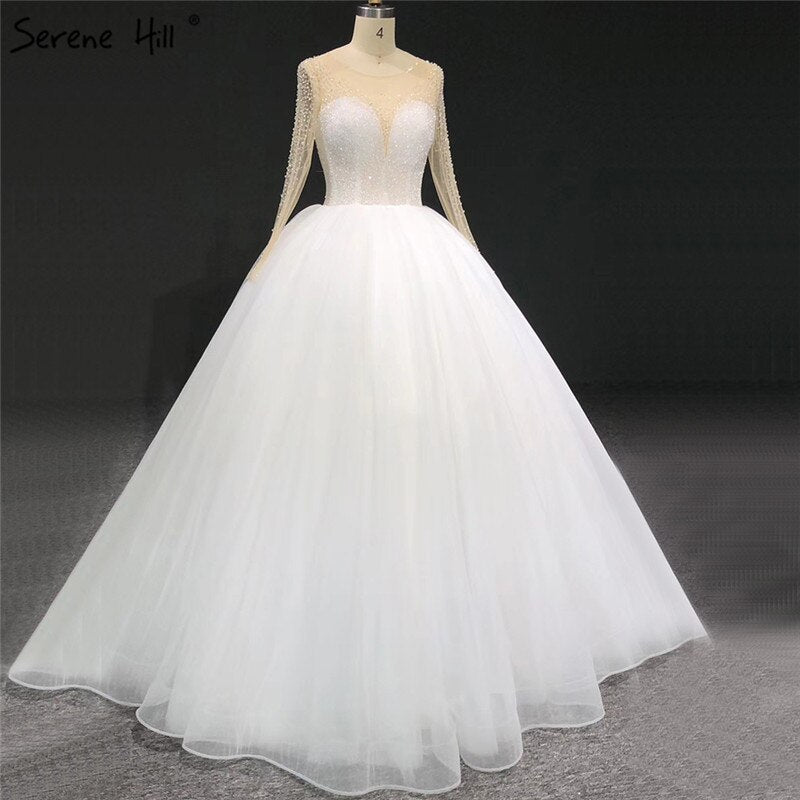 Vestidos de novia sexys con lentejuelas y cuentas color marfil, mangas largas y brillantes, cuello redondo, HA2332, hechos a medida 