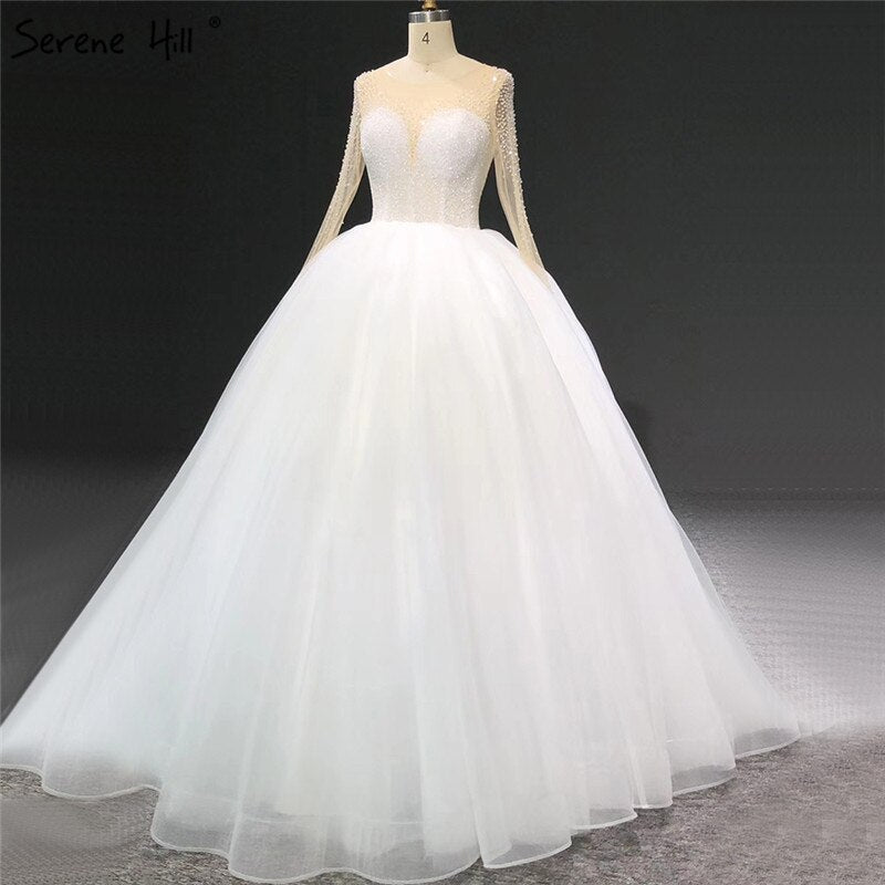 Vestidos de novia sexys con lentejuelas y cuentas color marfil, mangas largas y brillantes, cuello redondo, HA2332, hechos a medida 