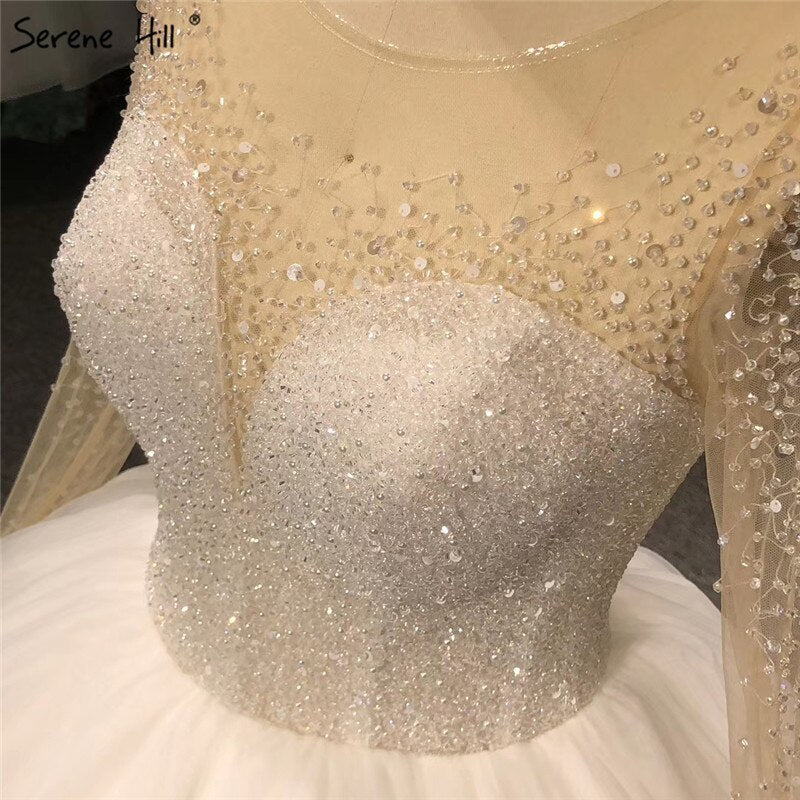 Vestidos de novia sexys con lentejuelas y cuentas color marfil, mangas largas y brillantes, cuello redondo, HA2332, hechos a medida 