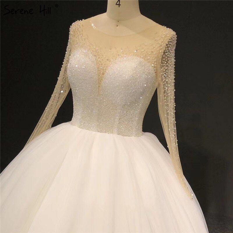 Vestidos de novia sexys con lentejuelas y cuentas color marfil, mangas largas y brillantes, cuello redondo, HA2332, hechos a medida 