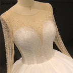 Vestidos de novia sexys con lentejuelas y cuentas color marfil, mangas largas y brillantes, cuello redondo, HA2332, hechos a medida 