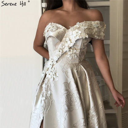 En oferta, sin devolución ni reembolso. Oferta, vestido de noche largo color marfil con un solo hombro, sexy, 2025, Dubái, hecho a mano, con flores y diamantes, vestido formal LA60947. 
