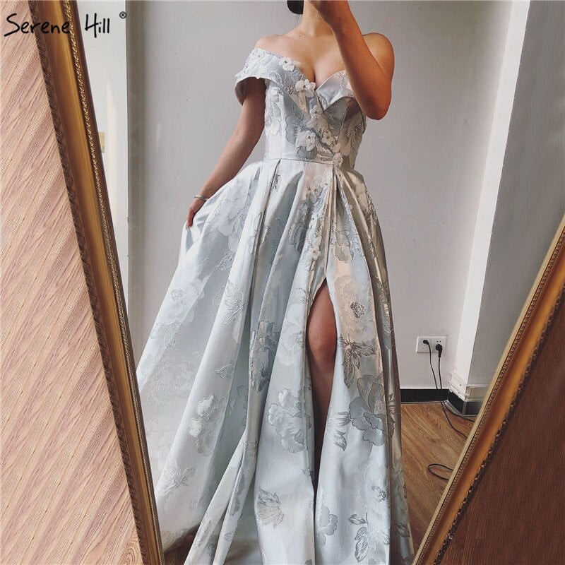 Im Angebot Keine Rückgabe Keine Rückerstattung Verkauf Elfenbein One Shoulder Sexy Abendkleider Lang 2025 Dubai Handgemachte Blumen Diamanten Abendkleid LA60947 