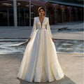 Ivory V Neck Full Sleeve Wedding Dresses Empire Stretch Satin Prom Gowns Zipper Back Summer New Luxury Vestidos De Novia-payinti