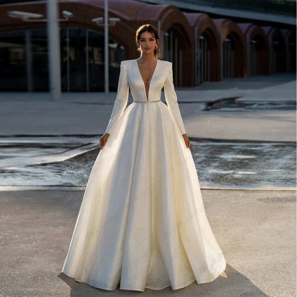 Ivory V Neck Full Sleeve Wedding Dresses Empire Stretch Satin Prom Gowns Zipper Back Summer New Luxury Vestidos De Novia-payinti