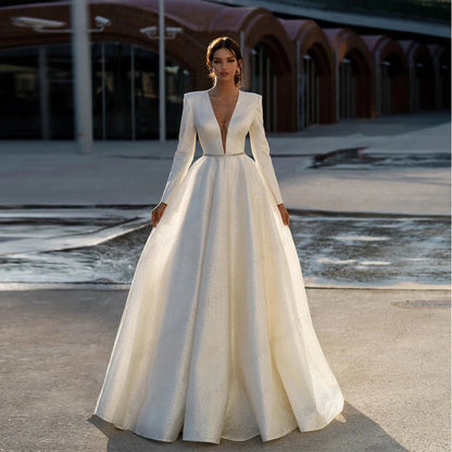 Ivory V Neck Full Sleeve Wedding Dresses Empire Stretch Satin Prom Gowns Zipper Back Summer New Luxury Vestidos De Novia-payinti