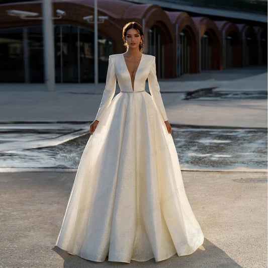 Ivory V Neck Full Sleeve Wedding Dresses Empire Stretch Satin Prom Gowns Zipper Back Summer New Luxury Vestidos De Novia-payinti