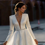 Ivory V Neck Full Sleeve Wedding Dresses Empire Stretch Satin Prom Gowns Zipper Back Summer New Luxury Vestidos De Novia-payinti