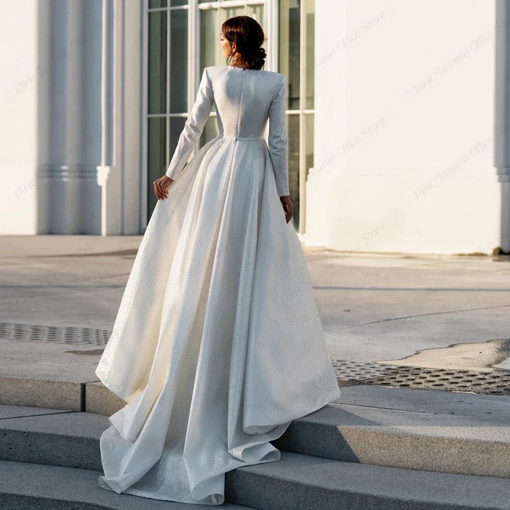 Ivory V Neck Full Sleeve Wedding Dresses Empire Stretch Satin Prom Gowns Zipper Back Summer New Luxury Vestidos De Novia-payinti