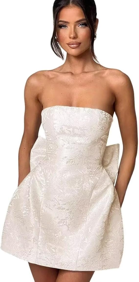 Trägerloses, kurzes Ballkleid für den Heimkehr, ärmelloses Partykleid aus Jacquard-Satin mit Schnürung und Schleife