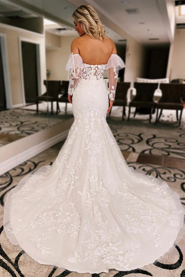 Ivory Floral Trumpet Wedding Dress with Detachable Sleeves WD723
