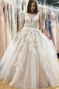 Ivory Tulle Lace A-line V-neck Beaded Wedding Dresses, Prom Dresses, MP640