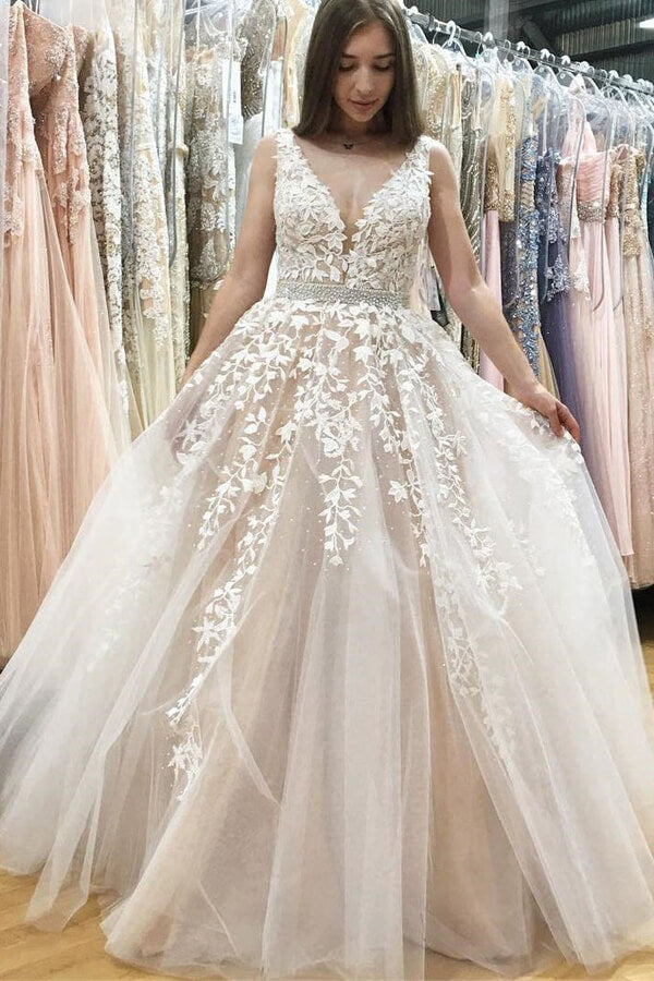 Ivory Tulle Lace A-line V-neck Beaded Wedding Dresses, Prom Dresses, MP640